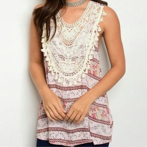Threadzwear Lace Trim Floral Tank Top - Cream and Pink